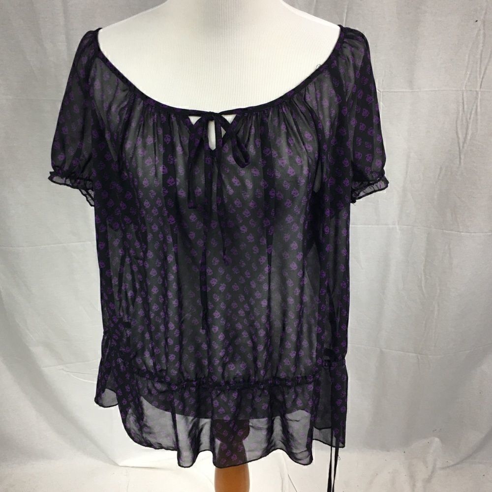 XL Pure Energy purple short puff sleeves black background gathered waist sheer
